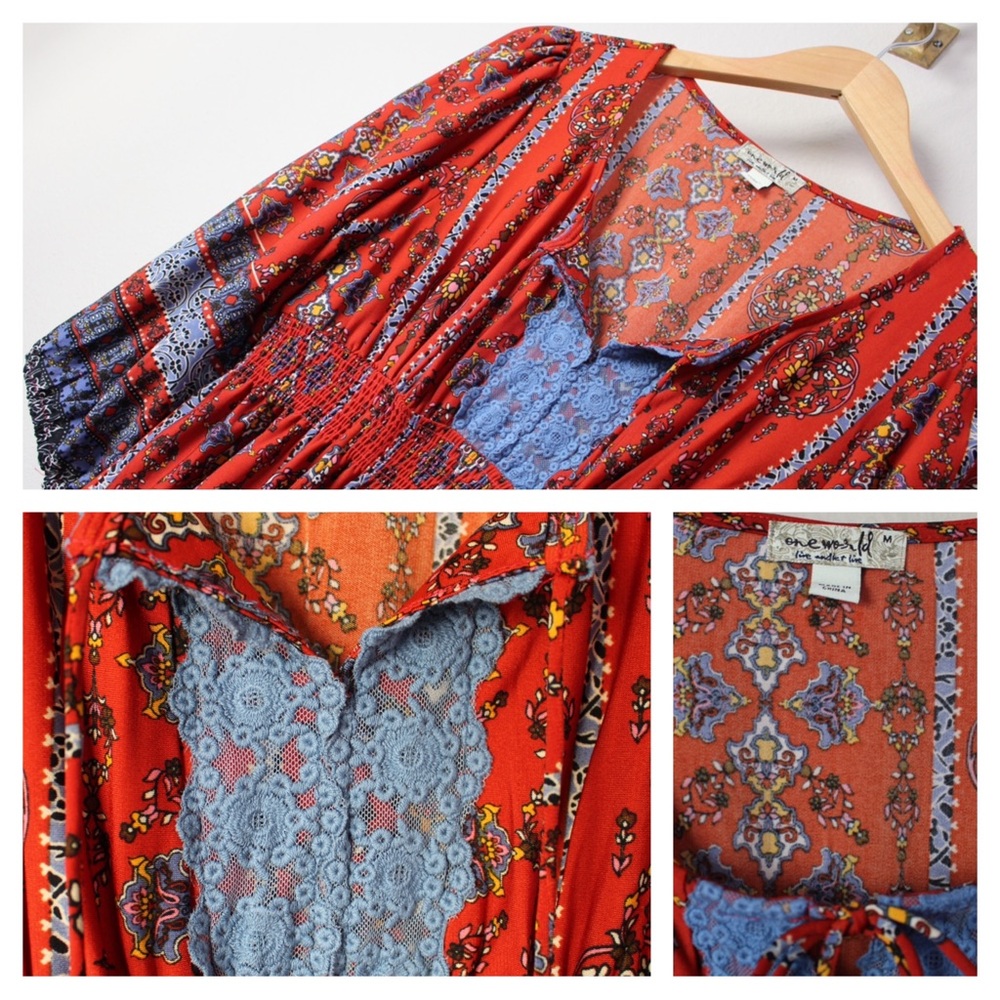ONE WORLD Bohemian Mixed Floral Tribal Print Midi Dress - Picture 14 of 17